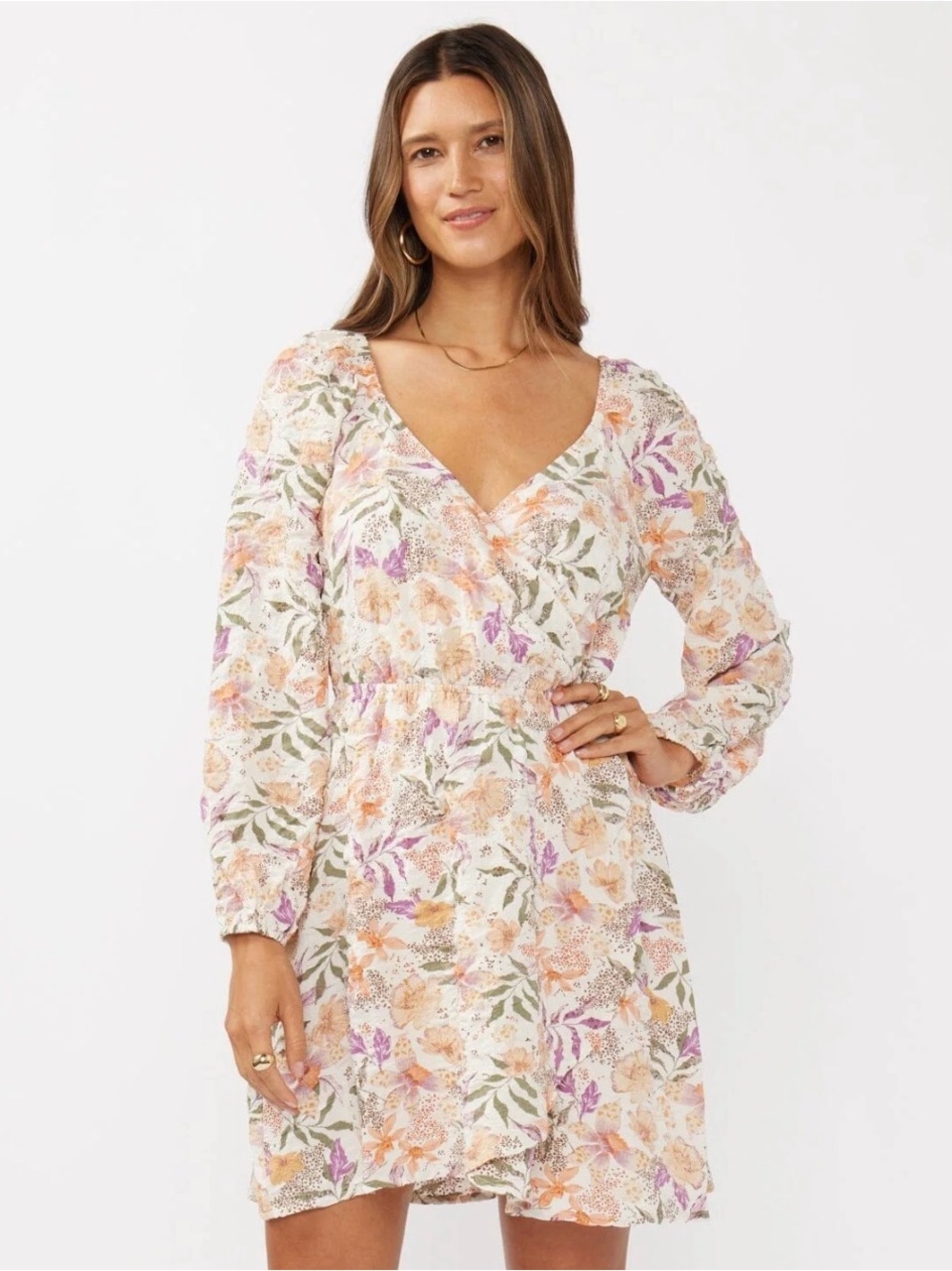 0199 Floral V-Neck Long Sleeve Mini Dress in Peach Multi